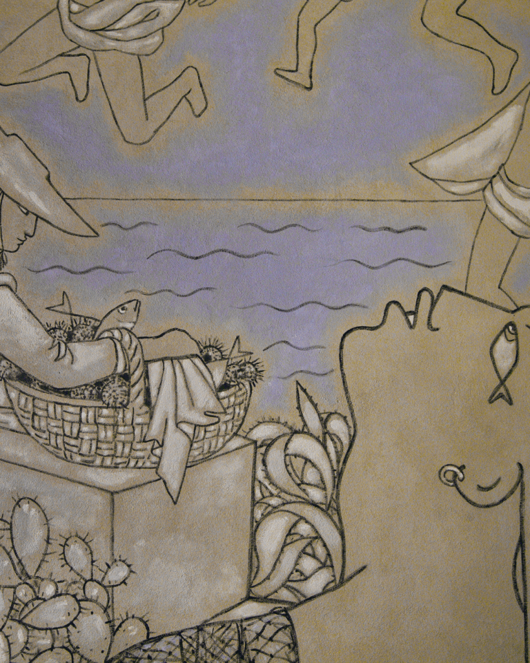 Mural painting by Jean Cocteau in the Fishermen’s Chapel (Chapelle de Saint-Pierre des Pêcheurs) in Villefranche-sur-Mer, Côte d’Azur, France. By Alamy