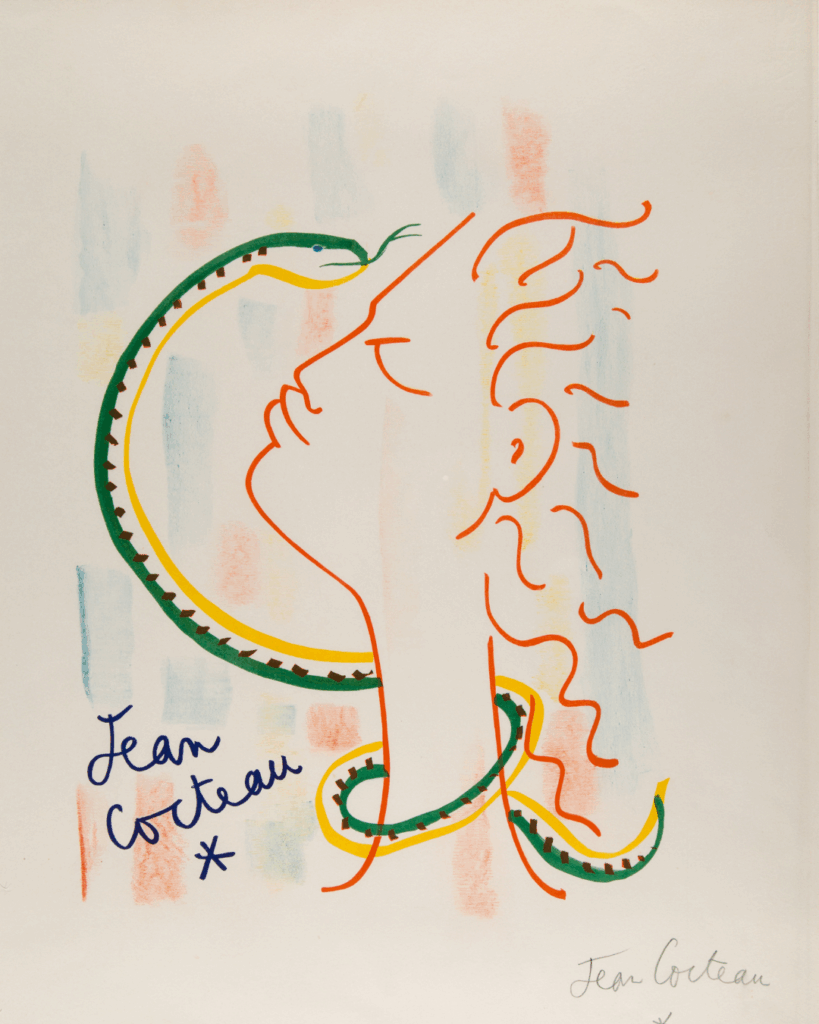 Jean Cocteau, Profil d'orphée, Dessin aux crayons de couleur et feutre; Courtesy from Exhibition at Musée Yves Brayer