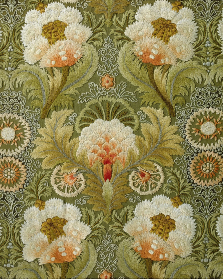 Silk Embroidery with Flowers and Leaves attributed to Leek Embroidery Society, 1885 - 1895 @Rijksmuseum